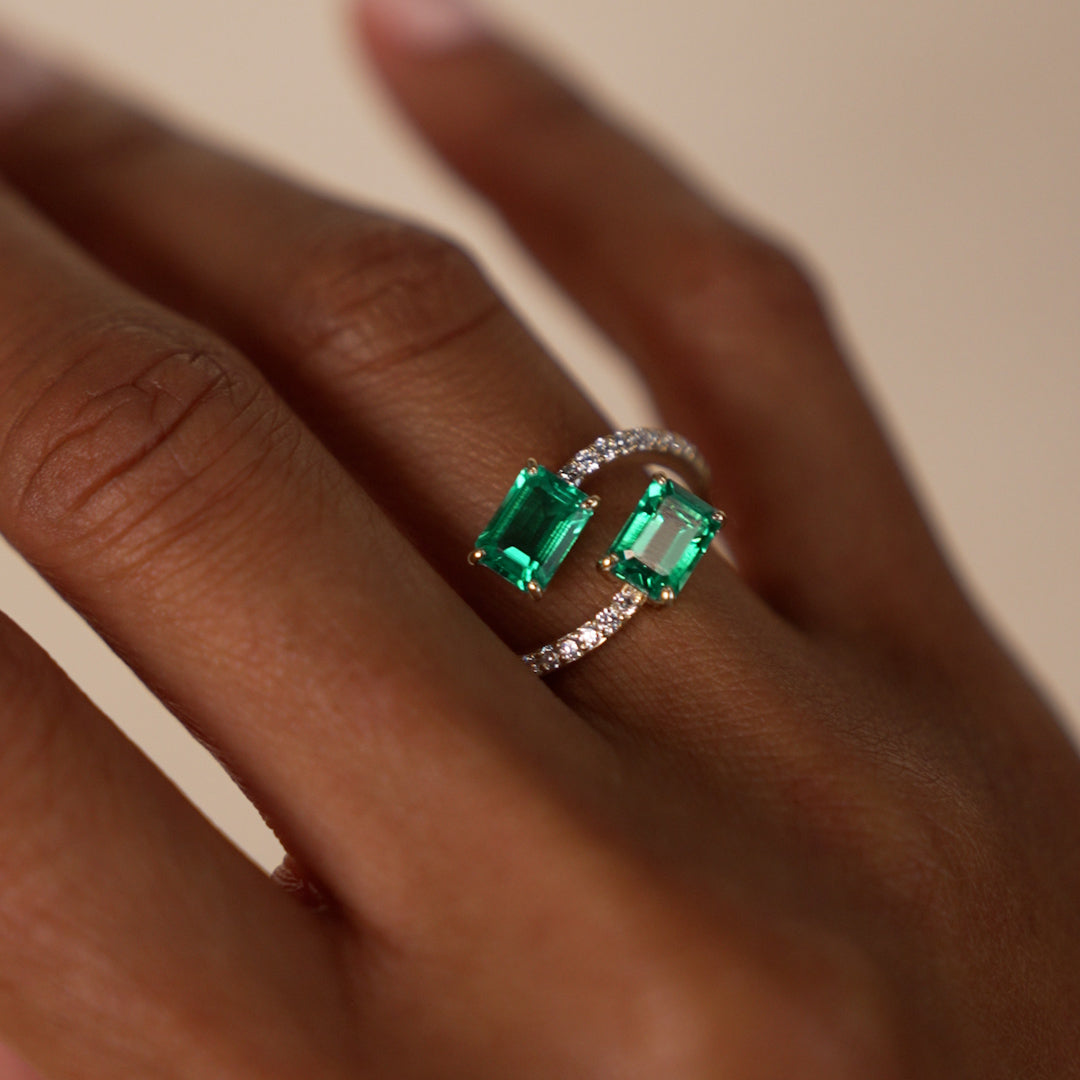 OBFJ0032 - 1.15 Ctw Lab Grown Emerald and Diamond Bypass Statement Ring - Danae - 14K Gold 4