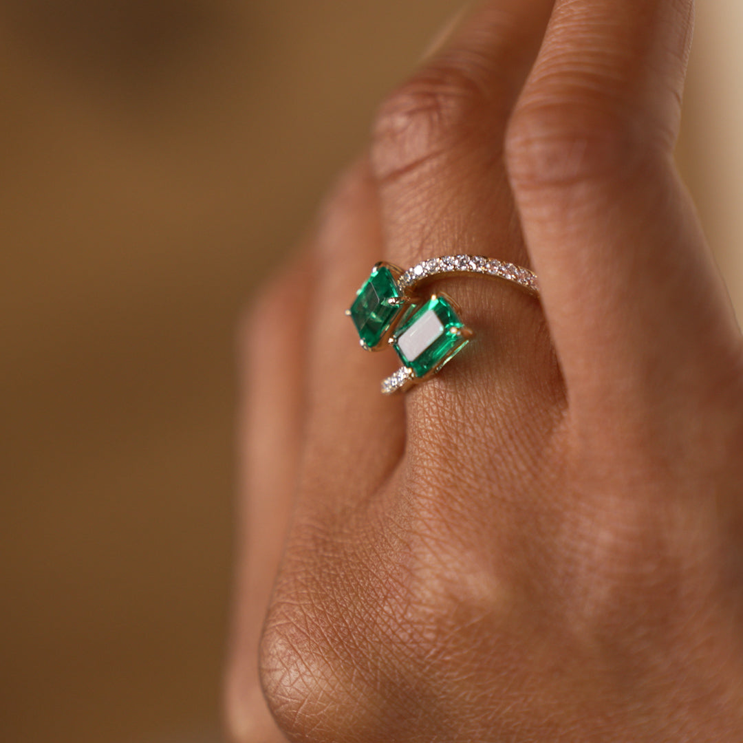 OBFJ0373 - 1.15 Ctw Lab Grown Emerald and Diamond Bypass Statement Ring - Danae ring in selectable metal and diamond options - Roselle Jewelry view 5