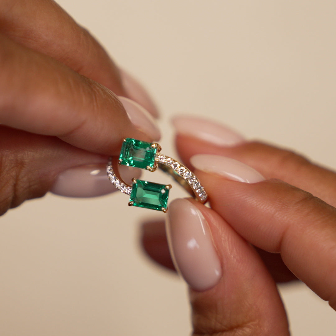 OBFJ0373 - 1.15 Ctw Lab Grown Emerald and Diamond Bypass Statement Ring - Danae ring in selectable metal and diamond options - Roselle Jewelry view 3