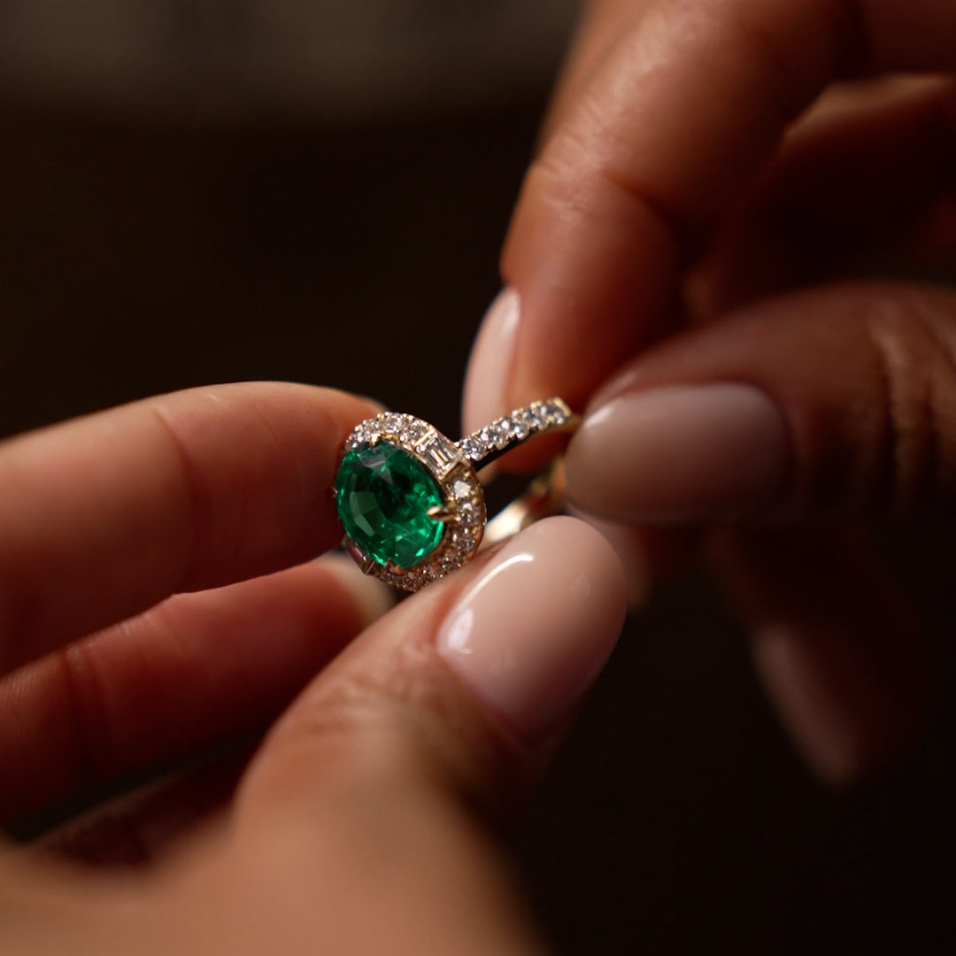 OBFJ0381 - 4.20 Ctw 14k Oval Shape Lab Grown Colombian Emerald and Diamond Halo Engagement Ring - Alma 3