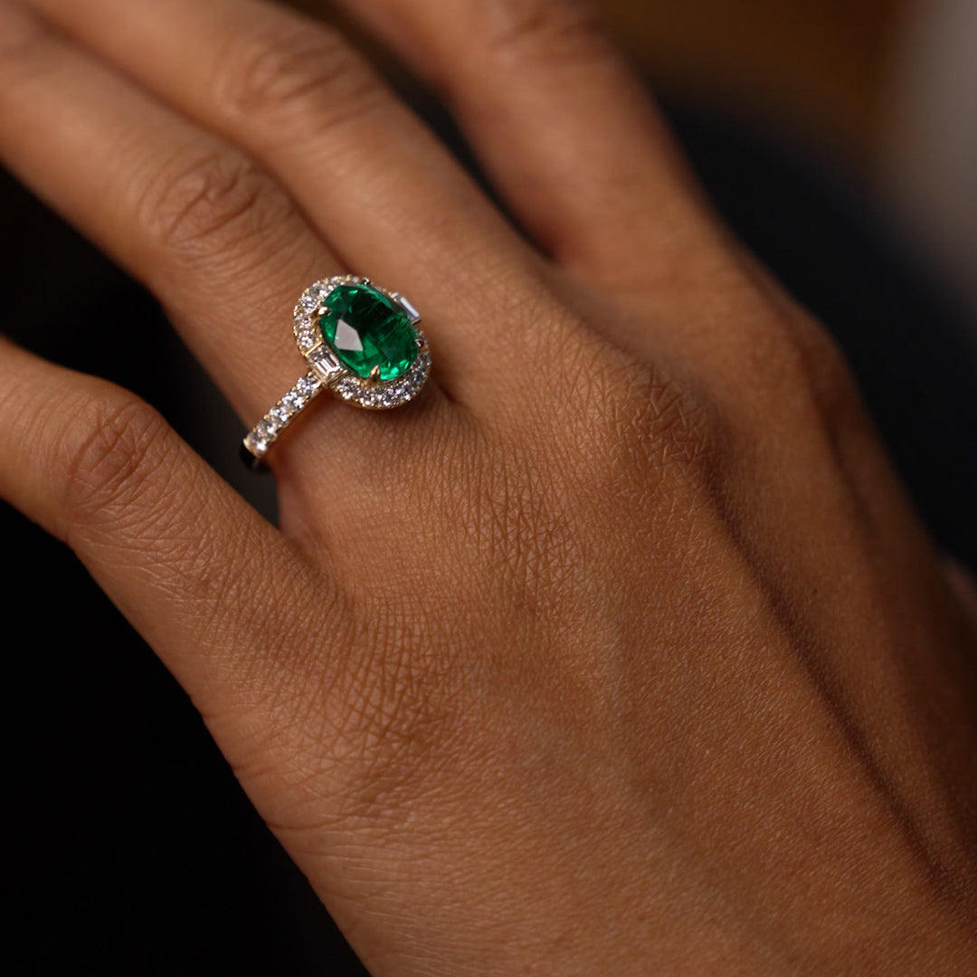 OBFJ0381 - 4.20 Ctw 14k Oval Shape Lab Grown Colombian Emerald and Diamond Halo Engagement Ring - Alma 5