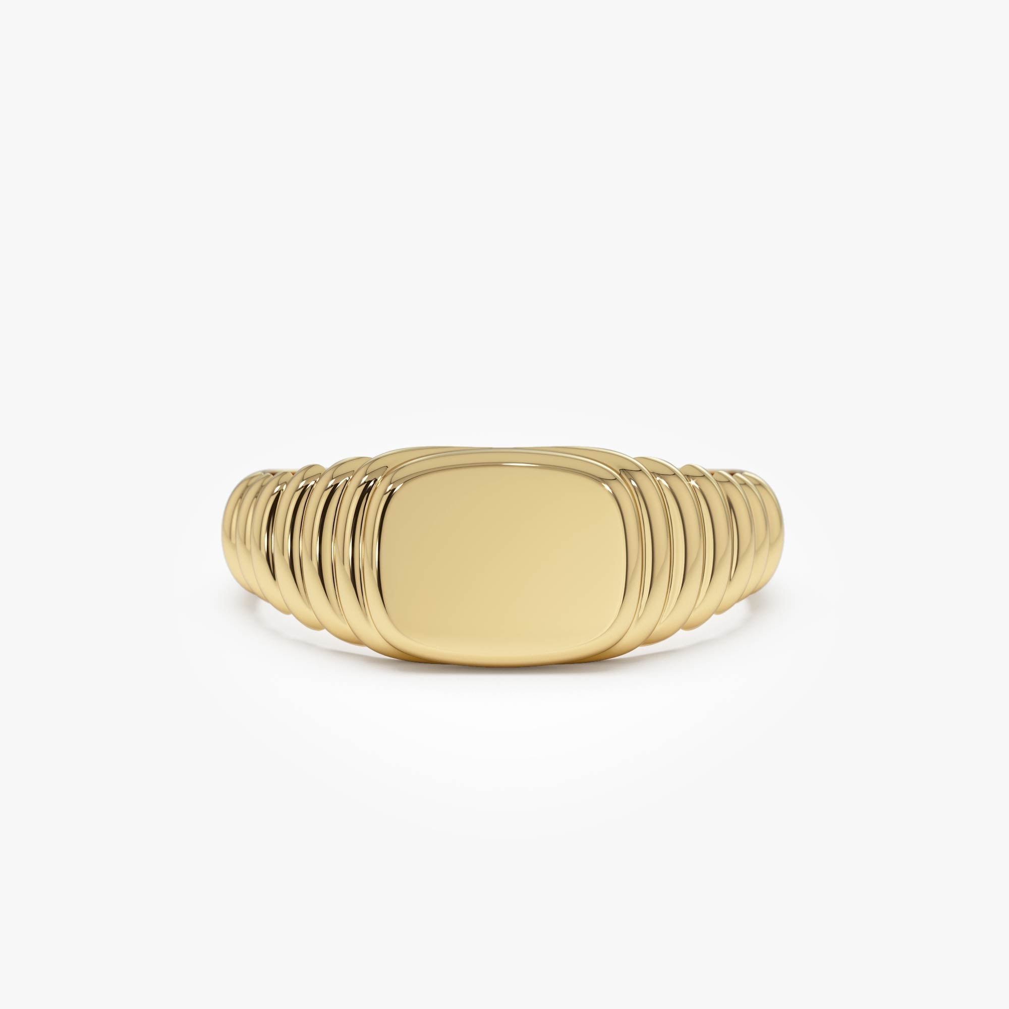 OBFJ0429 - 14k Gold Ribbed Cushion Signet Ring 1