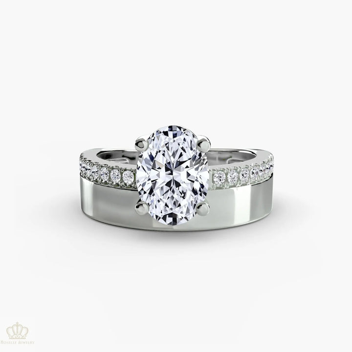 Wide Band Solitaire with Pavé Band Roselle Jewelry