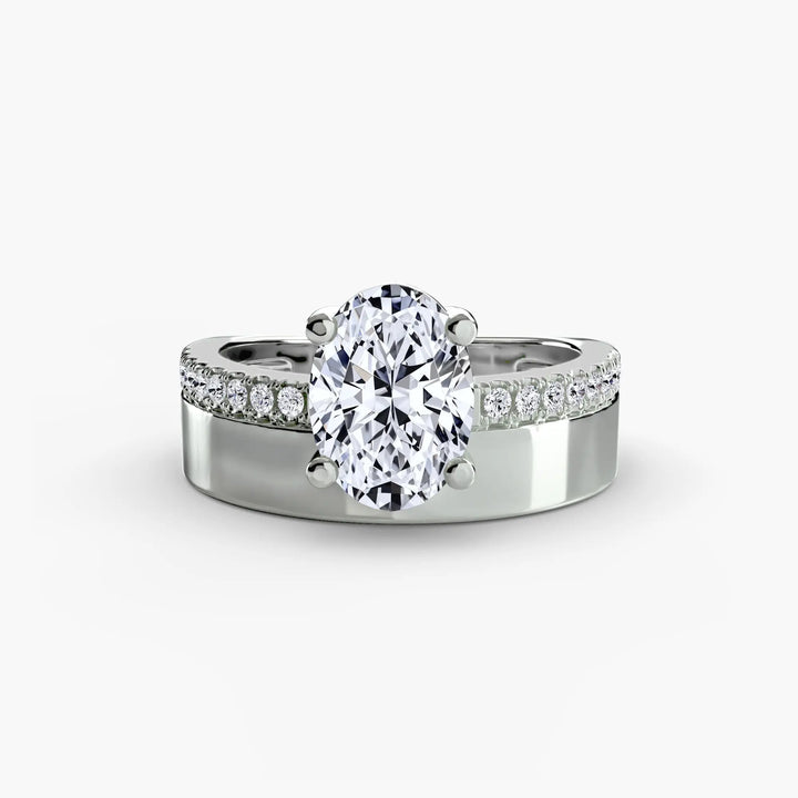 Wide Band Solitaire with Pavé Band Roselle Jewelry