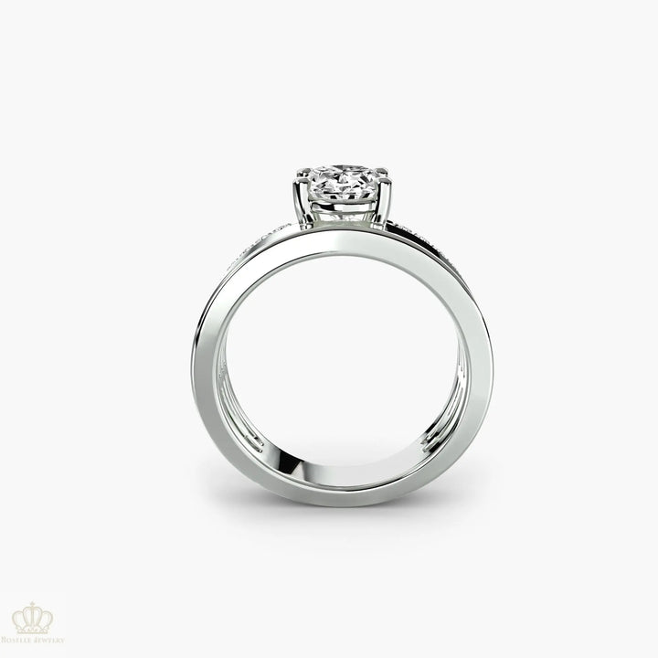 Wide Band Solitaire with Pavé Band Roselle Jewelry