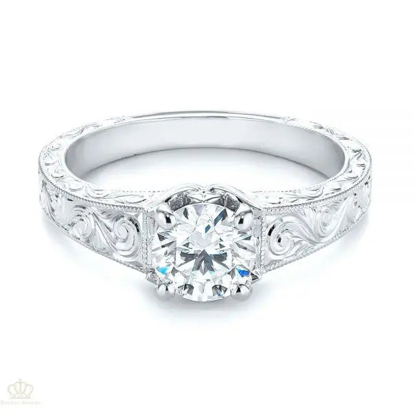 Custom Hand Engraved Tri Leaf Solitaire Diamond Engagement Ring [Setting Only] - EC002 - Roselle Jewelry