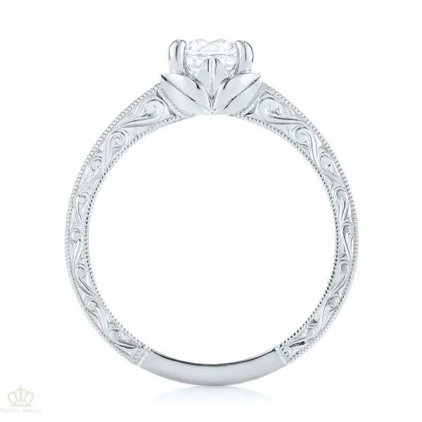 Custom Hand Engraved Tri Leaf Solitaire Diamond Engagement Ring [Setting Only] - EC002 - Roselle Jewelry