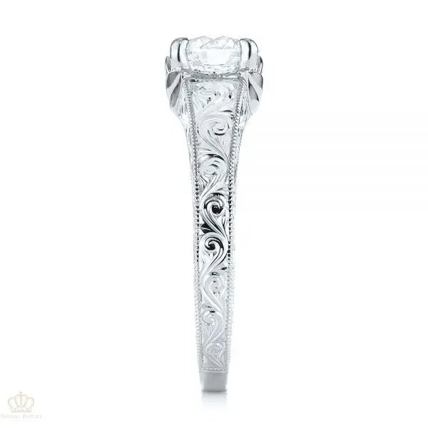 Custom Hand Engraved Tri Leaf Solitaire Diamond Engagement Ring [Setting Only] - EC002 - Roselle Jewelry