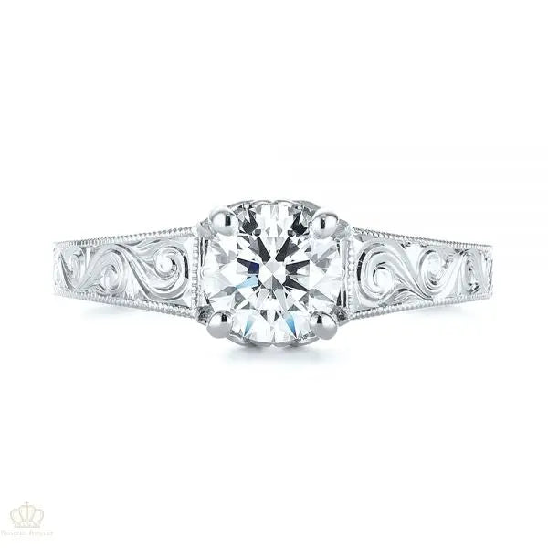 Custom Hand Engraved Tri Leaf Solitaire Diamond Engagement Ring [Setting Only] - EC002 - Roselle Jewelry