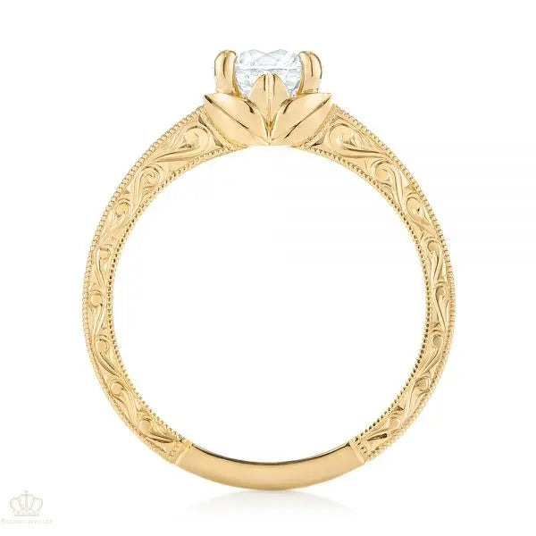 Custom Hand Engraved Tri Leaf Solitaire Diamond Engagement Ring [Setting Only] - EC002 - Roselle Jewelry