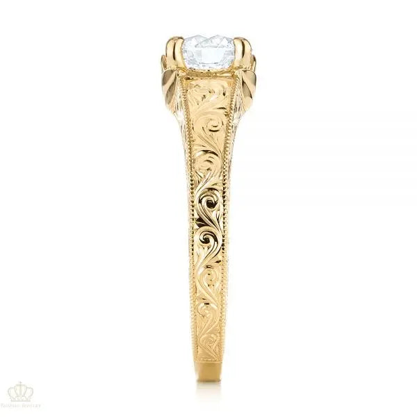 Custom Hand Engraved Tri Leaf Solitaire Diamond Engagement Ring [Setting Only] - EC002 - Roselle Jewelry