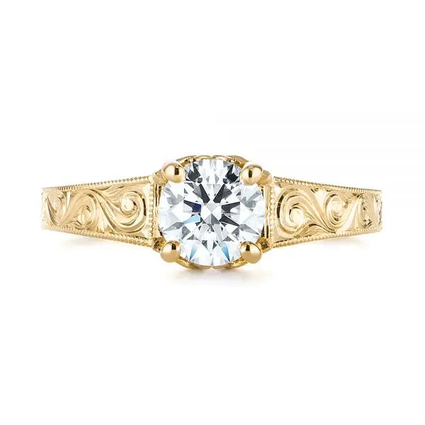 Custom Hand Engraved Tri Leaf Solitaire Diamond Engagement Ring [Setting Only] - EC002 - Roselle Jewelry