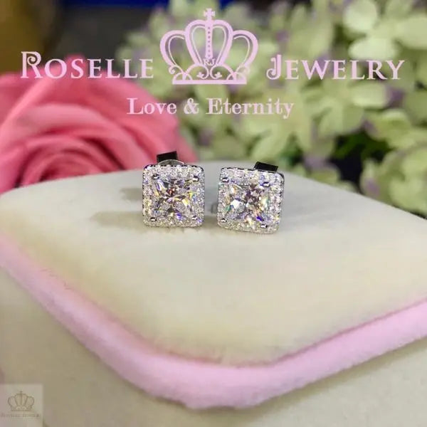 Princess Cut Halo Stud Earrings - ES1 - Roselle Jewelry
