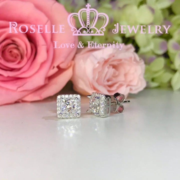 Princess Cut Halo Stud Earrings - ES1 - Roselle Jewelry