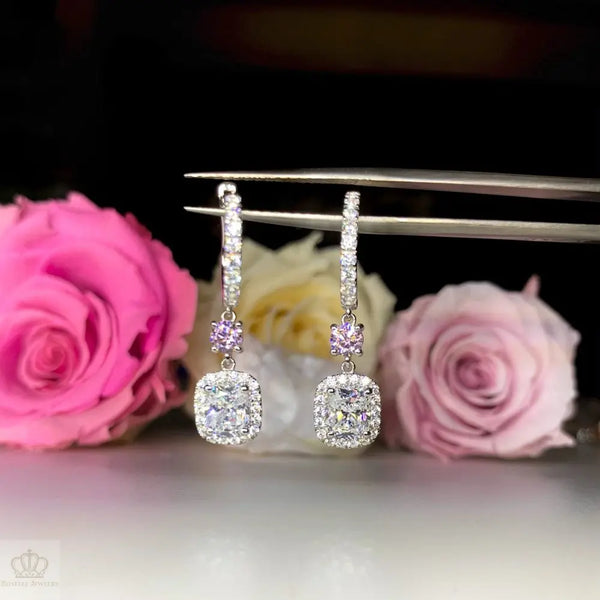 Halo Cushion Cut Drop Earrings - DE19 - Roselle Jewelry