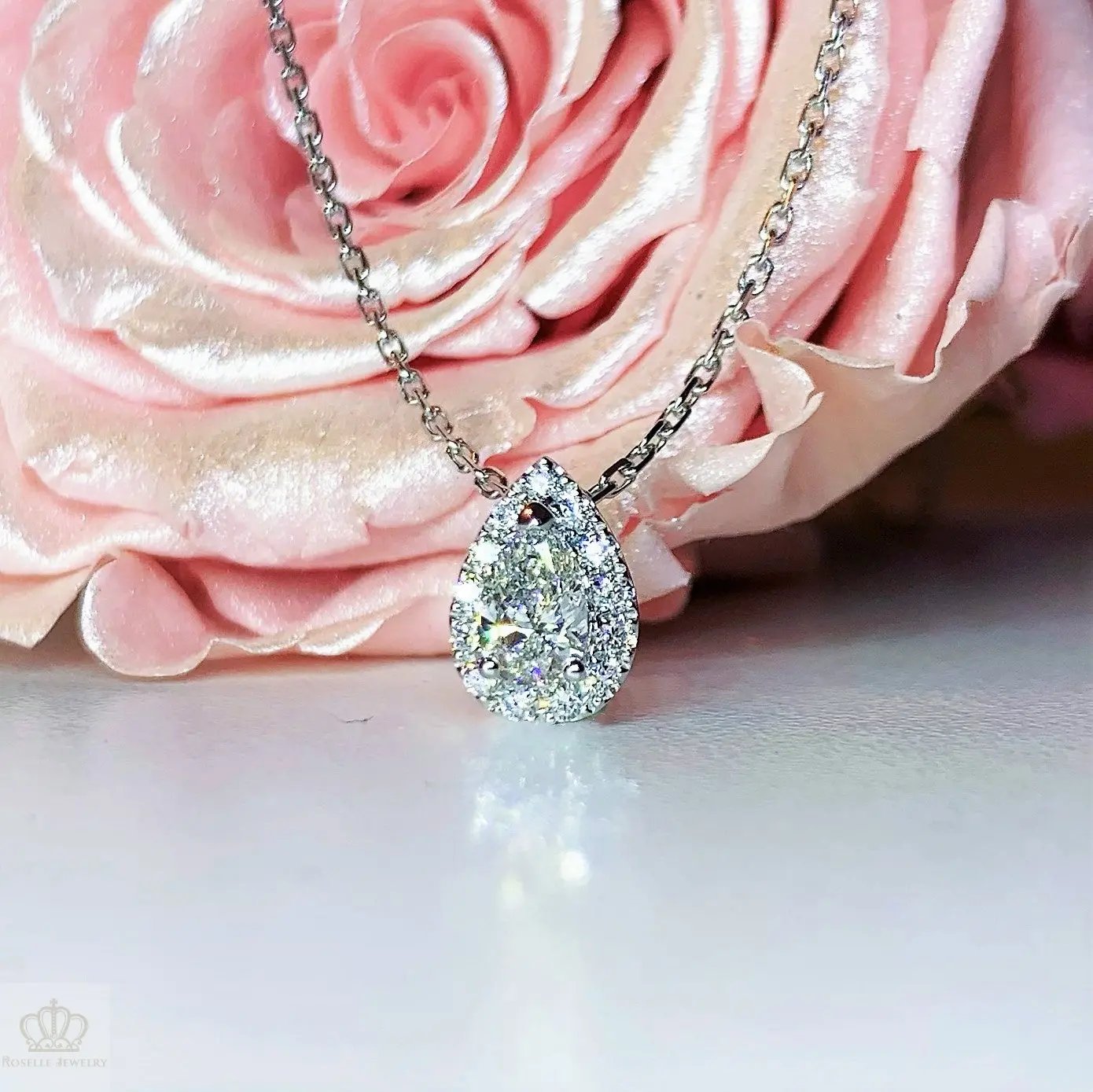 0.43CTW Pear Cut Lab Grown Diamond Side Stone Halo Pan Necklaces - LC2 - Roselle Jewelry