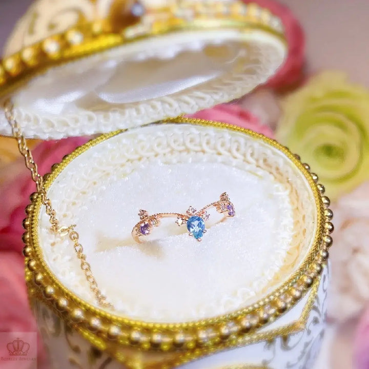 Princess Tiara V Shape Paraiba Color Apatite With Nature Diamond and Tanzanite Ring - LR1 - Roselle Jewelry