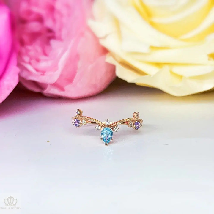 Princess Tiara V Shape Paraiba Color Apatite With Nature Diamond and Tanzanite Ring - LR1 - Roselle Jewelry