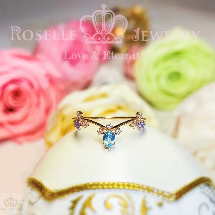 Princess Tiara V Shape Paraiba Color Apatite With Nature Diamond and Tanzanite Ring - LR1 - Roselle Jewelry