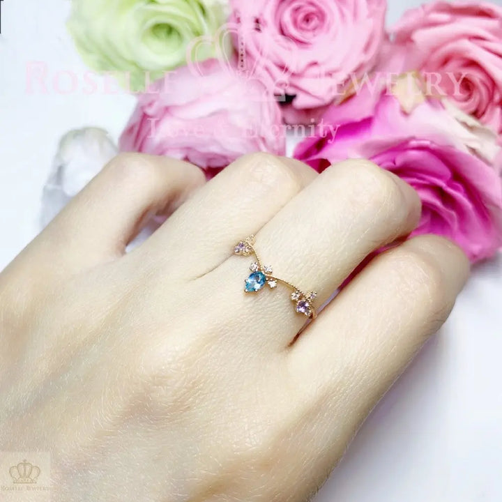 Princess Tiara V Shape Paraiba Color Apatite With Nature Diamond and Tanzanite Ring - LR1 - Roselle Jewelry