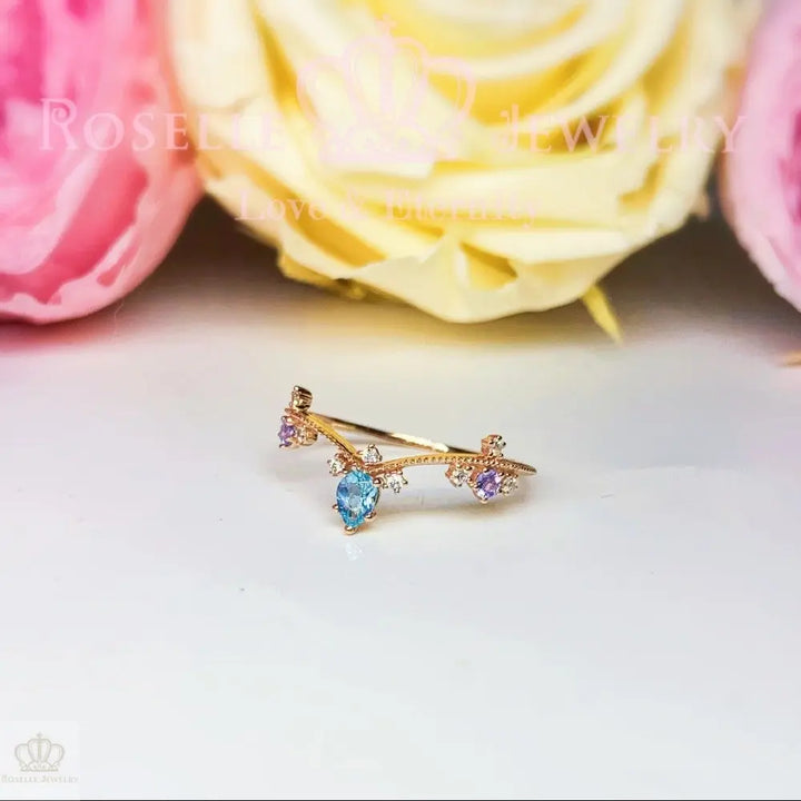 Princess Tiara V Shape Paraiba Color Apatite With Nature Diamond and Tanzanite Ring - LR1 - Roselle Jewelry