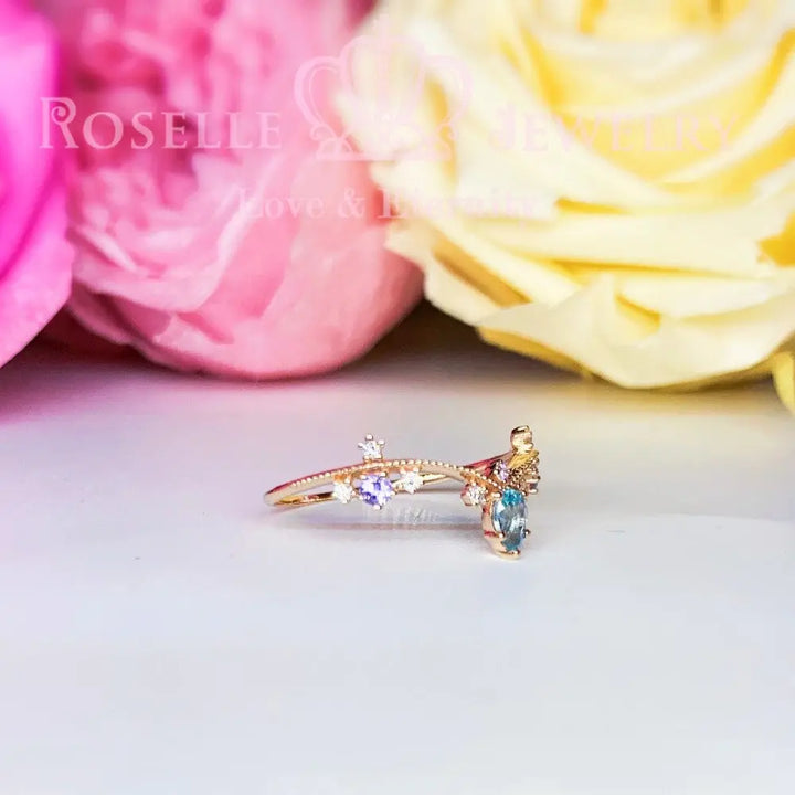 Princess Tiara V Shape Paraiba Color Apatite With Nature Diamond and Tanzanite Ring - LR1 - Roselle Jewelry