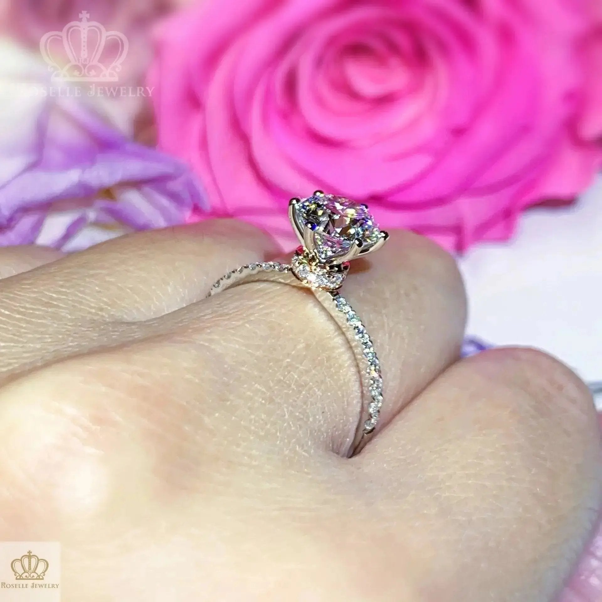 Custom Order Floral Two Tone Diamond Side Stone Engagement Ring [Setting Only] - EC102 - Roselle Jewelry