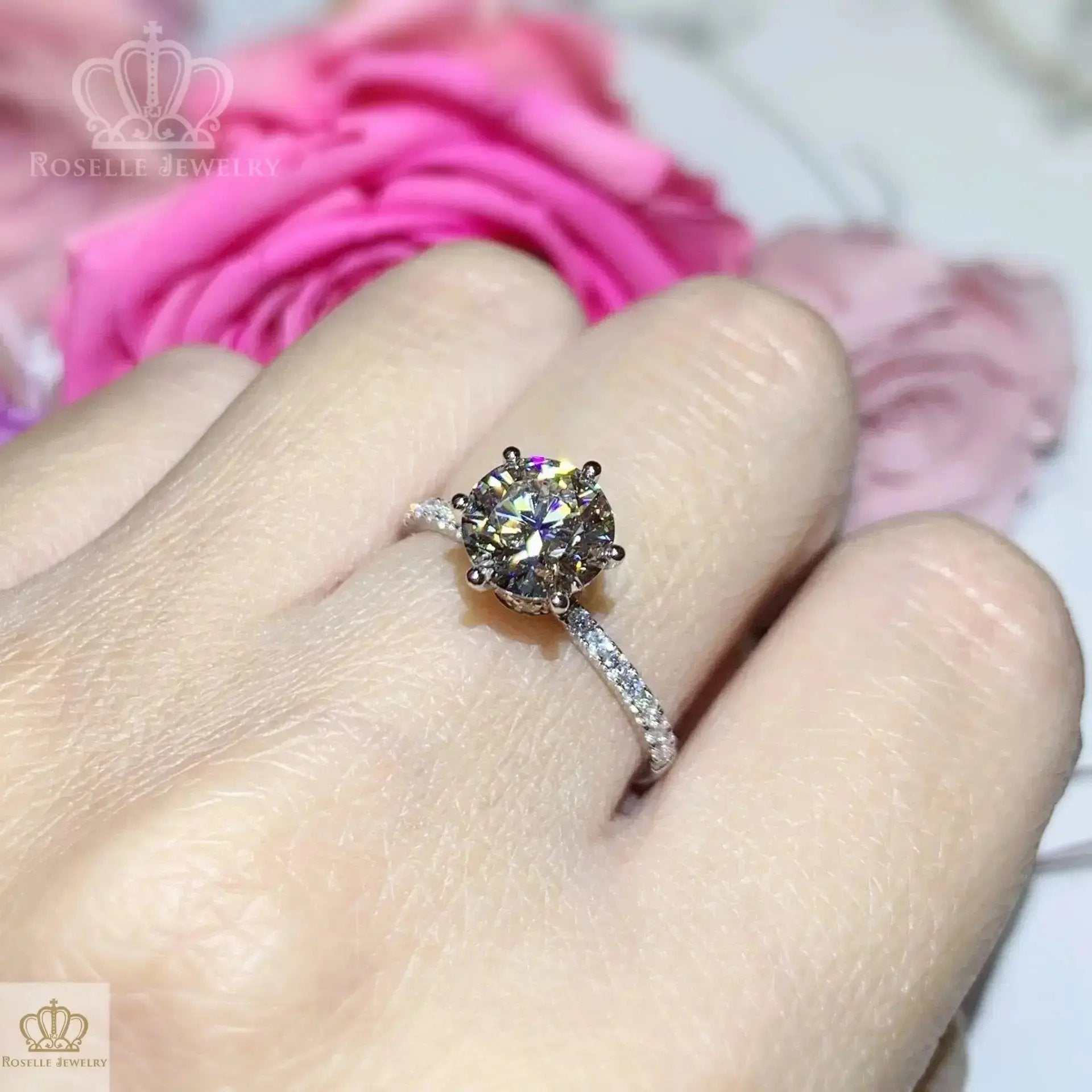 Custom Order Floral Two Tone Diamond Side Stone Engagement Ring [Setting Only] - EC102 - Roselle Jewelry