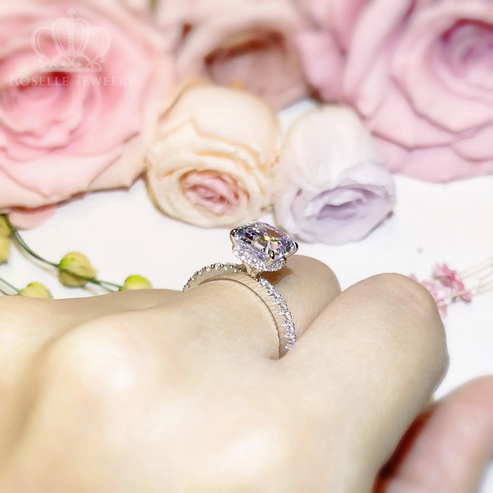 Asscher Cut Side Stone Engagement Ring - TA1 - Roselle Jewelry