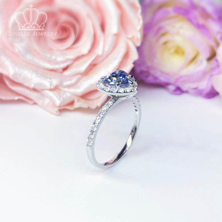 Fancy Blue Heart Shape Lab Grown With Side Stone Halo Engagement Diamond Ring - LGR020 - Roselle Jewelry