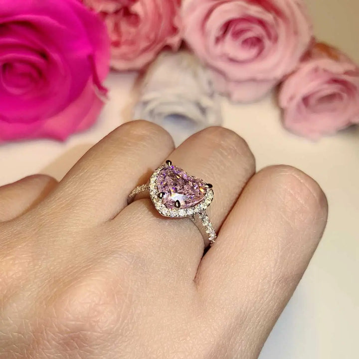 Happy Heart Shape Fancy Pink Side Stone Engagement Ring - VH5 - Roselle Jewelry