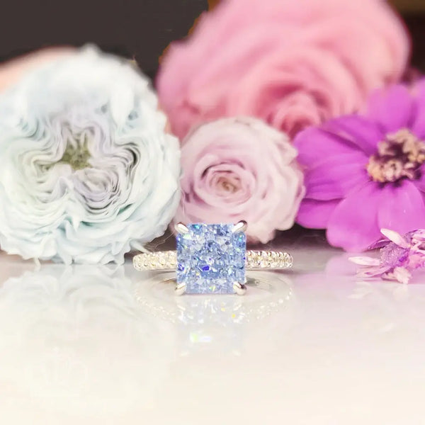 Fancy Blue Radiant Cut Side Stone Engagement Ring - TR2 - Roselle Jewelry