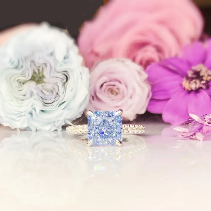 Fancy Blue Radiant Cut Side Stone Engagement Ring - TR2 - Roselle Jewelry