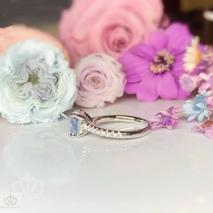 Fancy Blue Radiant Cut Side Stone Engagement Ring - TR2 - Roselle Jewelry