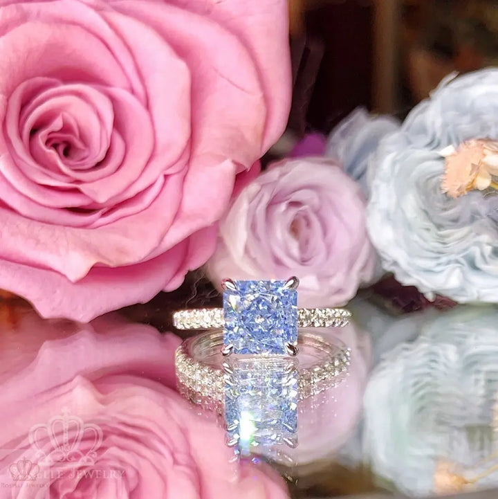 Fancy Blue Radiant Cut Side Stone Engagement Ring - TR2 - Roselle Jewelry