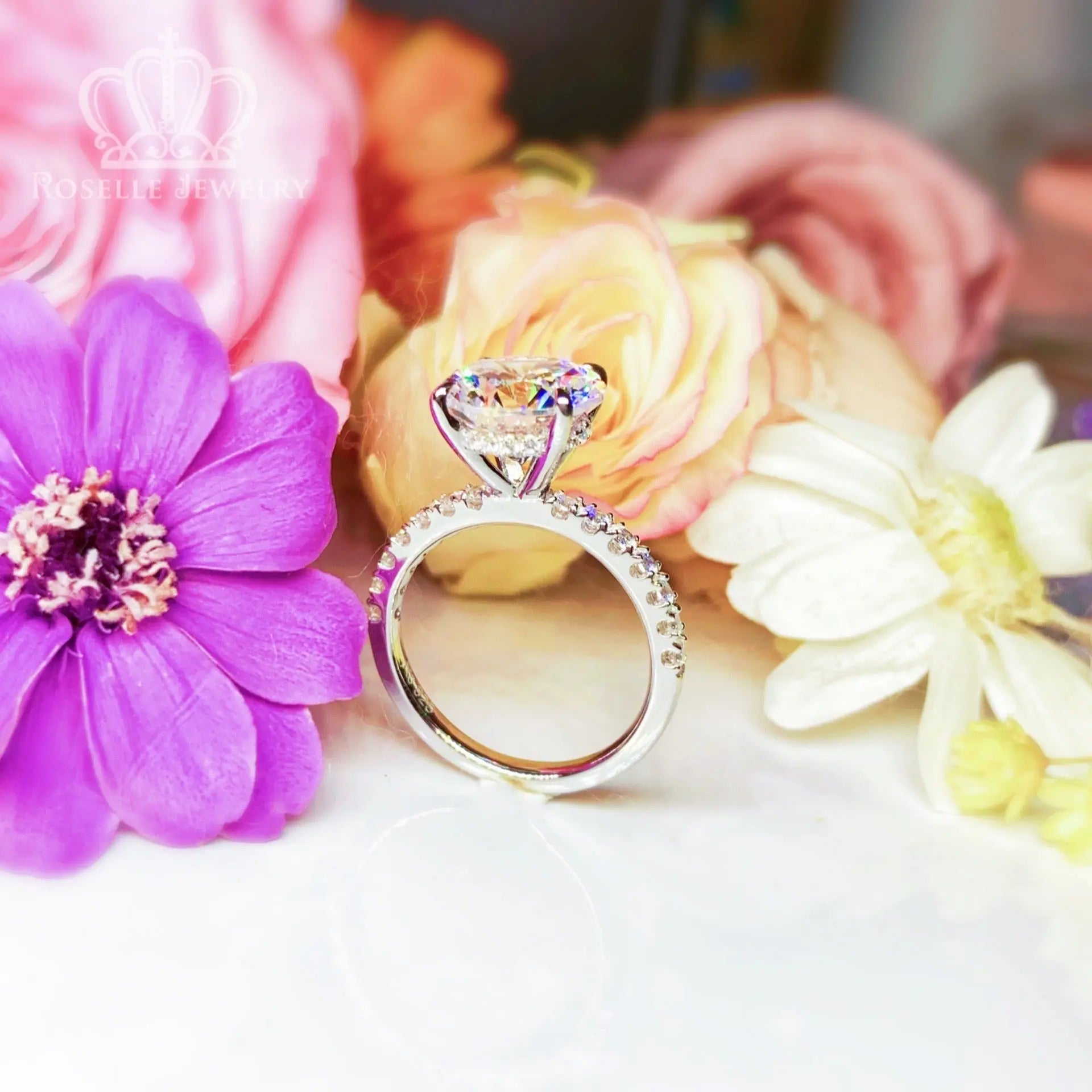 4.00CT Four Prong Side Stone Engagement Ring - T2 - Roselle Jewelry