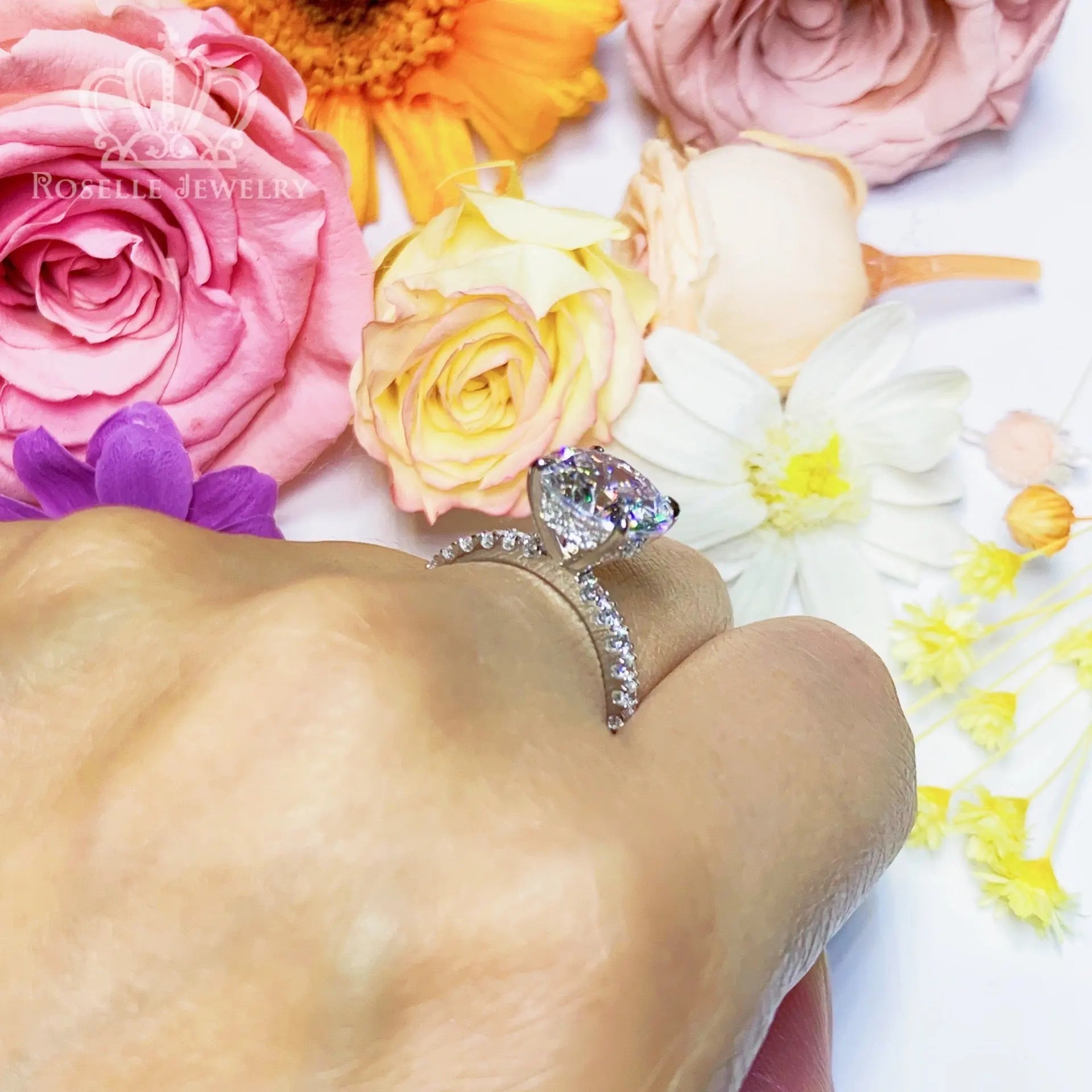 4.00CT Four Prong Side Stone Engagement Ring - T2 - Roselle Jewelry