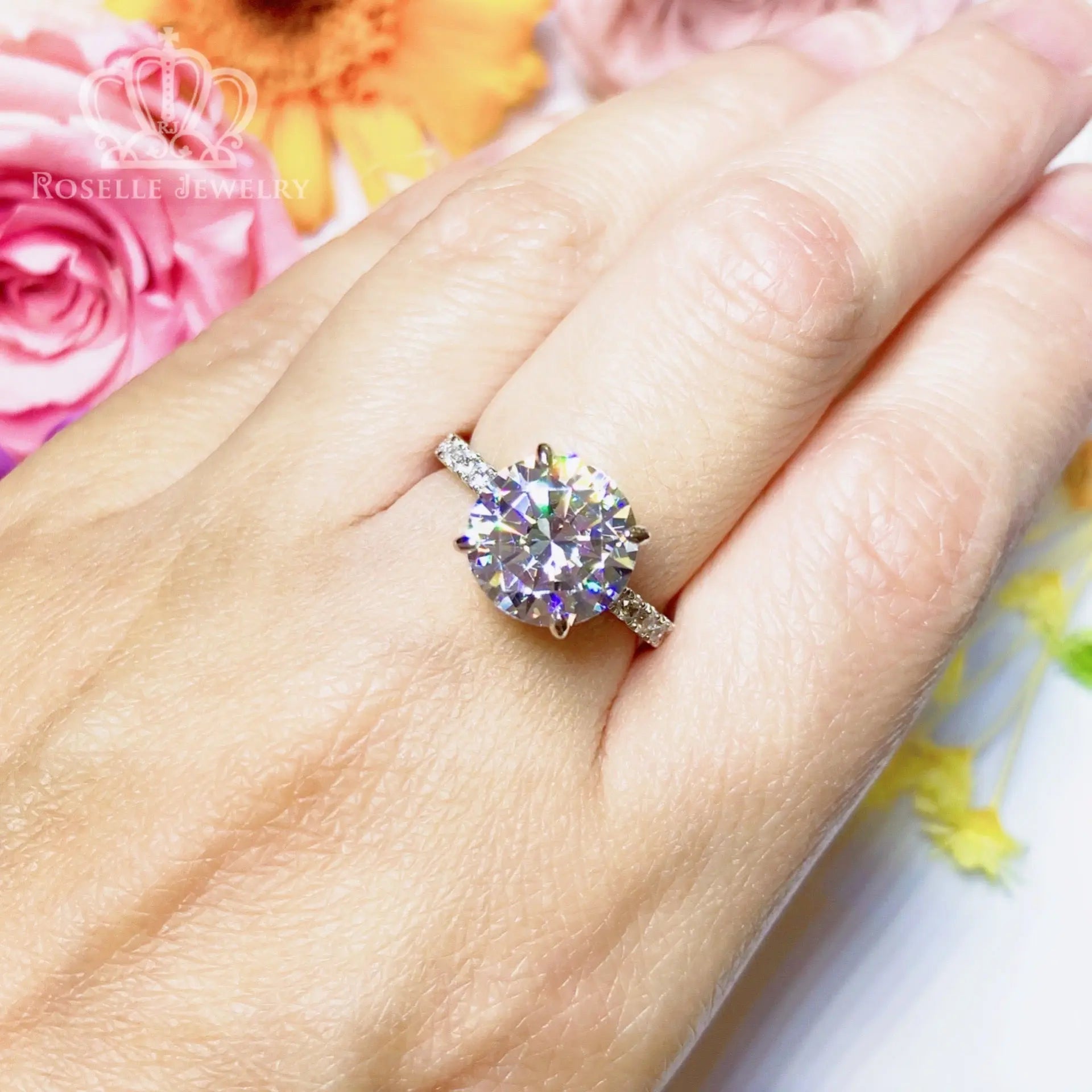 4.00CT Four Prong Side Stone Engagement Ring - T2 - Roselle Jewelry