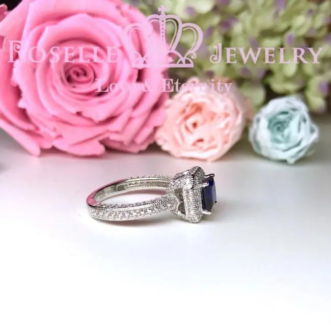 Princess Cut Lab Grown Sapphire Halo Engagement ring - SS1 - Roselle Jewelry