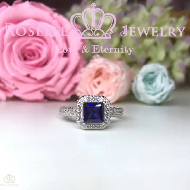 Princess Cut Lab Grown Sapphire Halo Engagement ring - SS1 - Roselle Jewelry