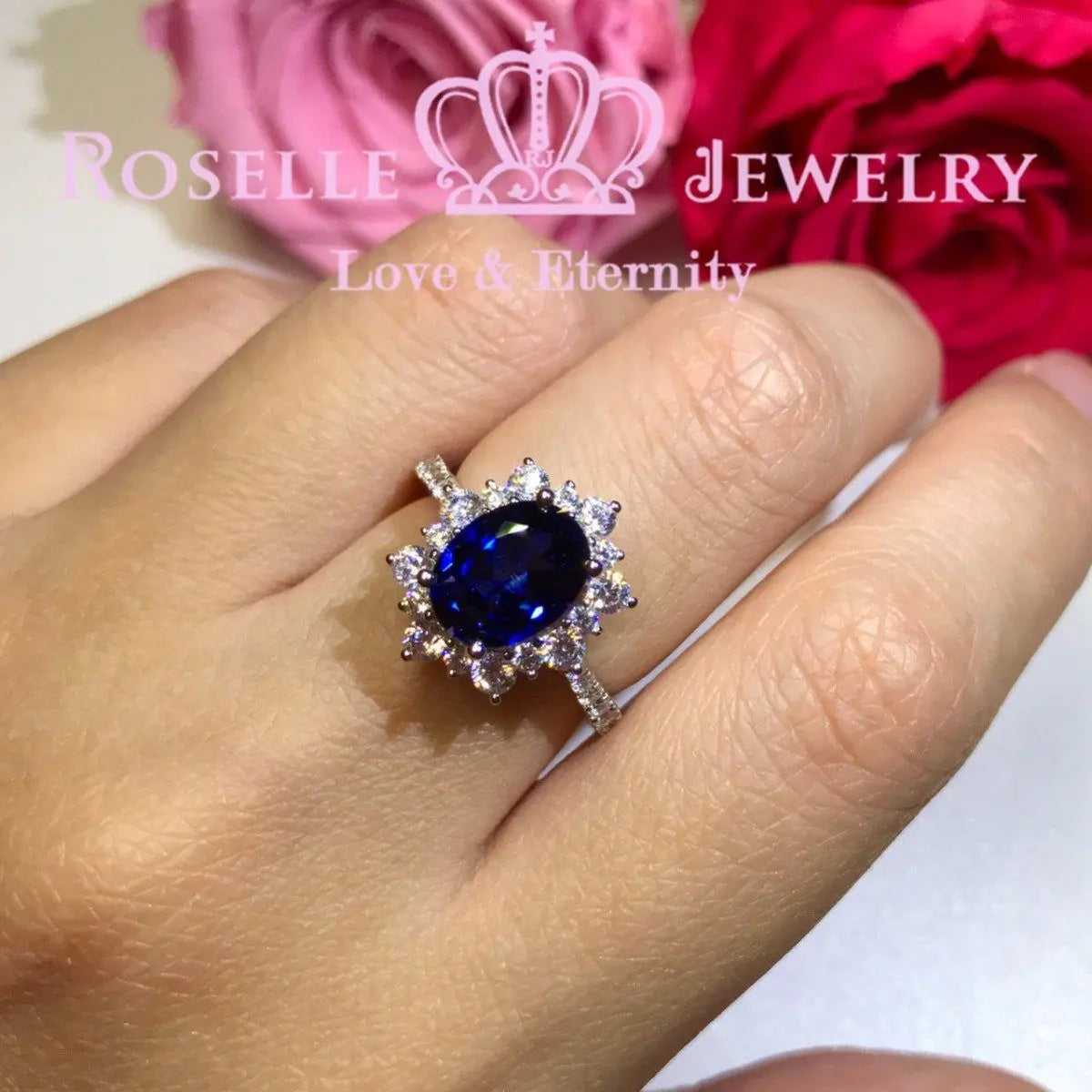 Lab Grown Sapphire Oval Halo Engagement RIng - OS1 - Roselle Jewelry